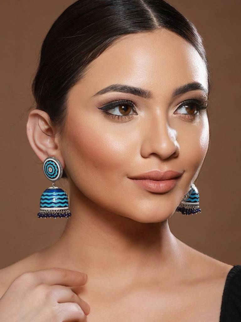 Blue Enamelled Handcrafted Jhumka Earrings : SJER2100