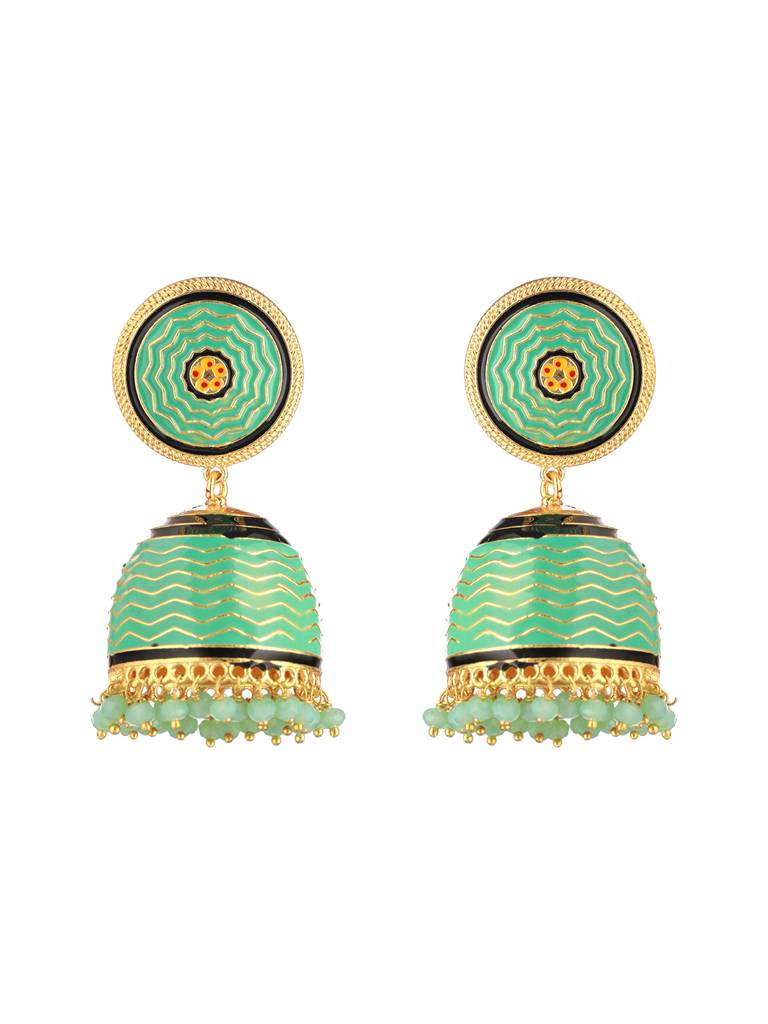 Green Turquoise Handpainted Enamelled Jhumka Earrings : SJER2103