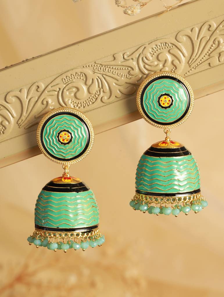 Green Turquoise Handpainted Enamelled Jhumka Earrings : SJER2103