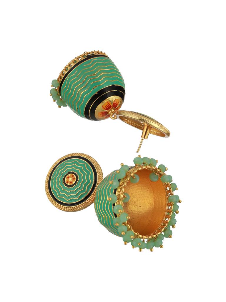 Green Turquoise Handpainted Enamelled Jhumka Earrings : SJER2103