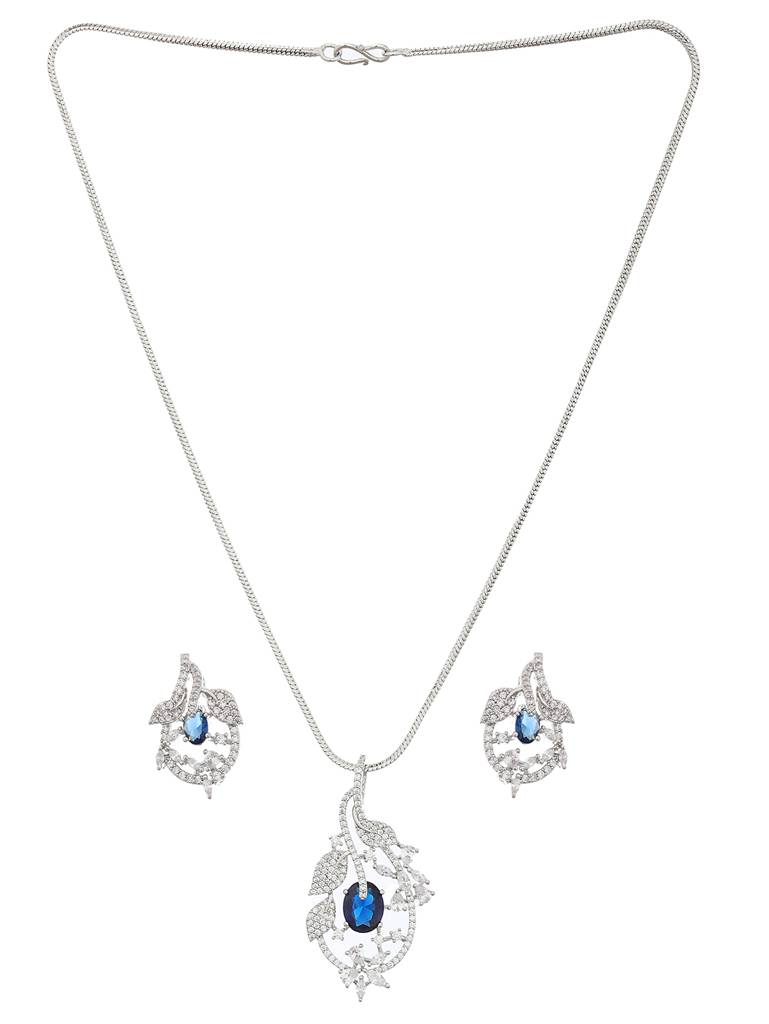 Silver Plated Blue Ad Studded Floral Designer Pendant Jewellery Set : SJLK2104