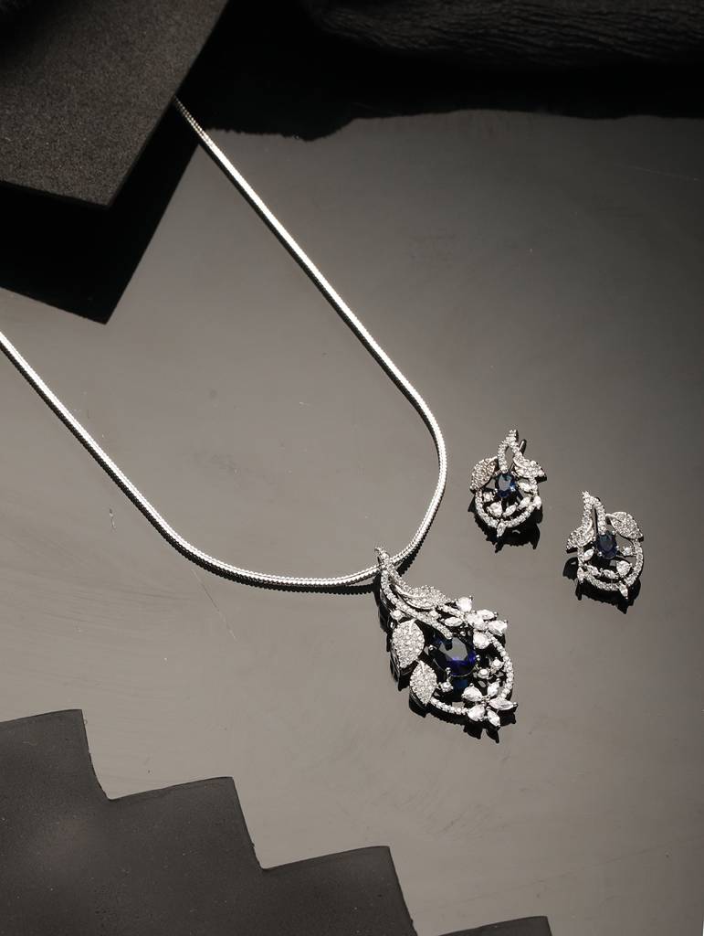 Silver Plated Blue Ad Studded Floral Designer Pendant Jewellery Set : SJLK2104