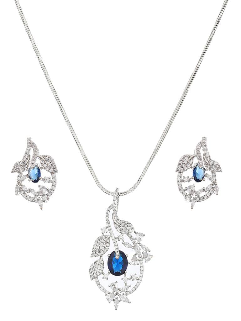Silver Plated Blue Ad Studded Floral Designer Pendant Jewellery Set : SJLK2104