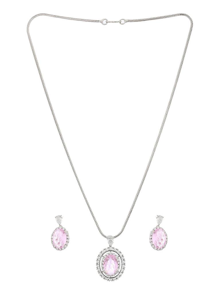Silver Toned Pink Cz Studded Luxe Minimal Locket Jewellery Set : SJLK2105