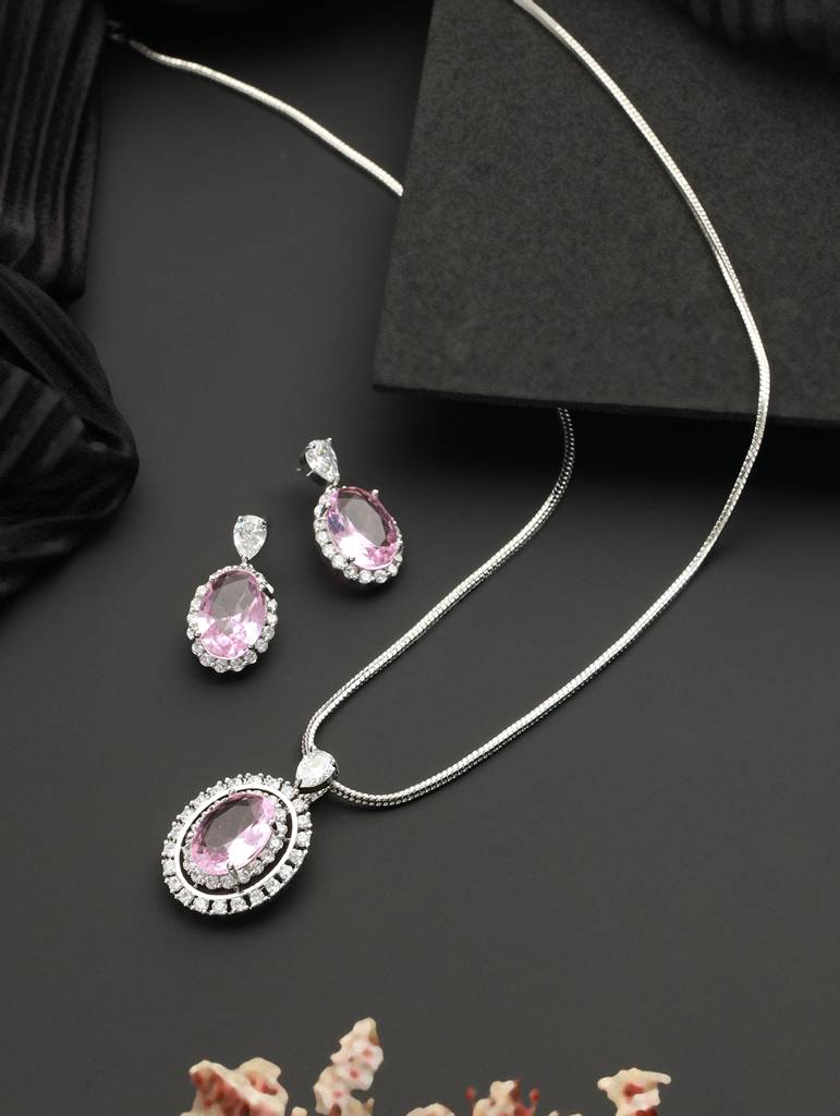 Silver Toned Pink Cz Studded Luxe Minimal Locket Jewellery Set : SJLK2105