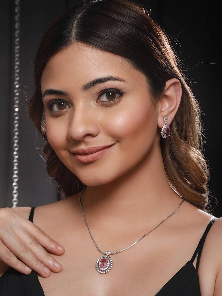 Silver Toned Pink Cz Studded Luxe Minimal Locket Jewellery Set : SJLK2105