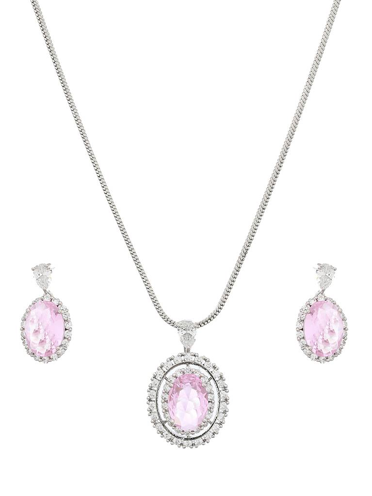 Silver Toned Pink Cz Studded Luxe Minimal Locket Jewellery Set : SJLK2105