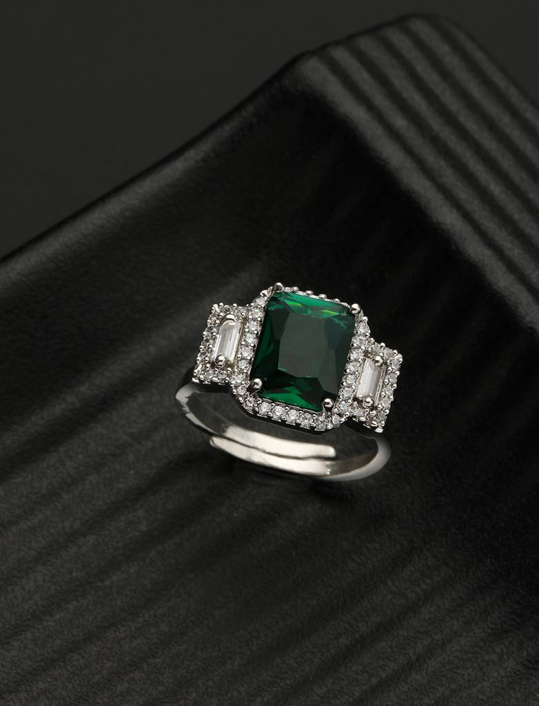 Silver Plated Green Ad Embellished Minimal Engagement Ring : SJRG2111