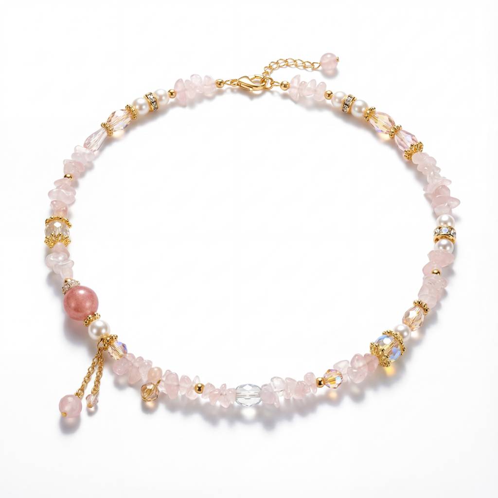 Korean Artisan Rose Quartz & Mixed Gemstone Charm Choker : YUFSNL245