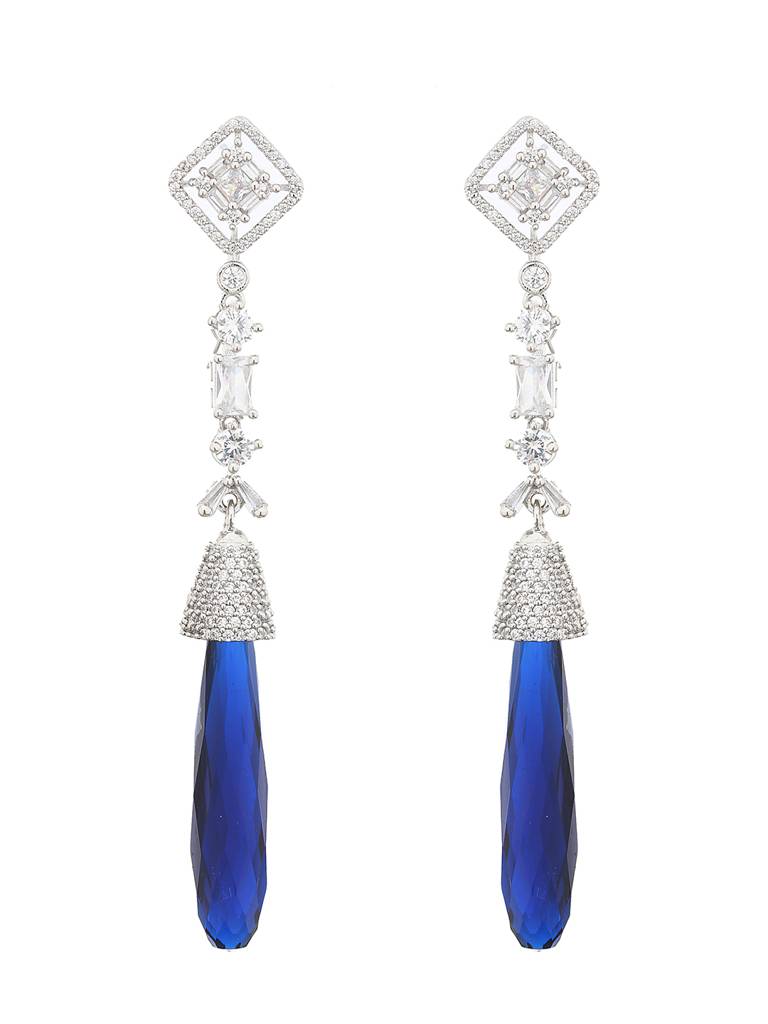 Silver Plated Blue Ad Studded Drop Statement Earrings : SJER2113