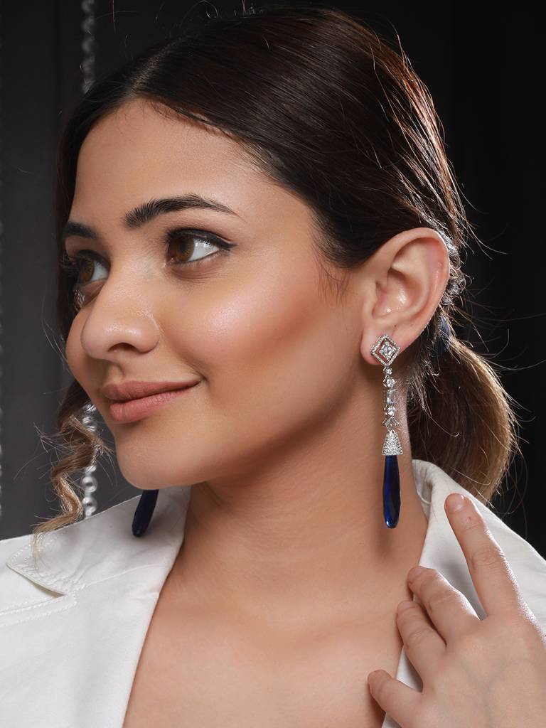 Silver Plated Blue Ad Studded Drop Statement Earrings : SJER2113