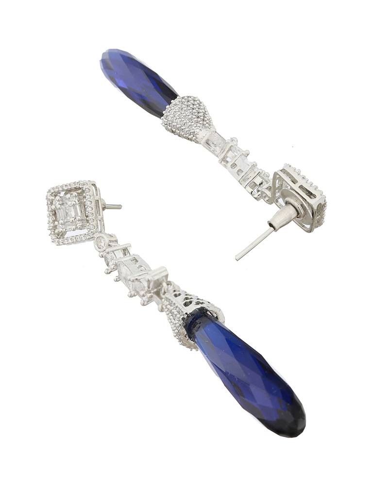 Silver Plated Blue Ad Studded Drop Statement Earrings : SJER2113