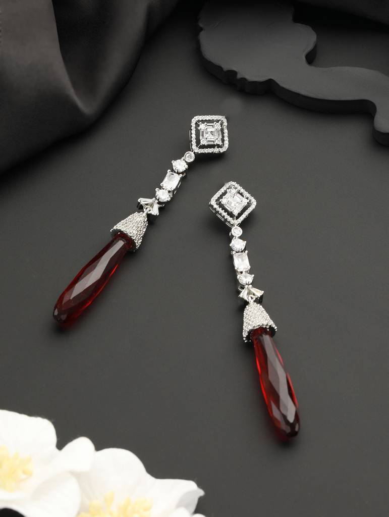 Silver Plated Red Ad Studded Designer Dangler Earrings : SJER2114
