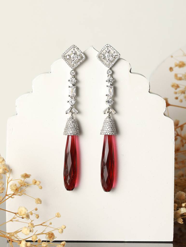 Silver Plated Red Ad Studded Designer Dangler Earrings : SJER2114