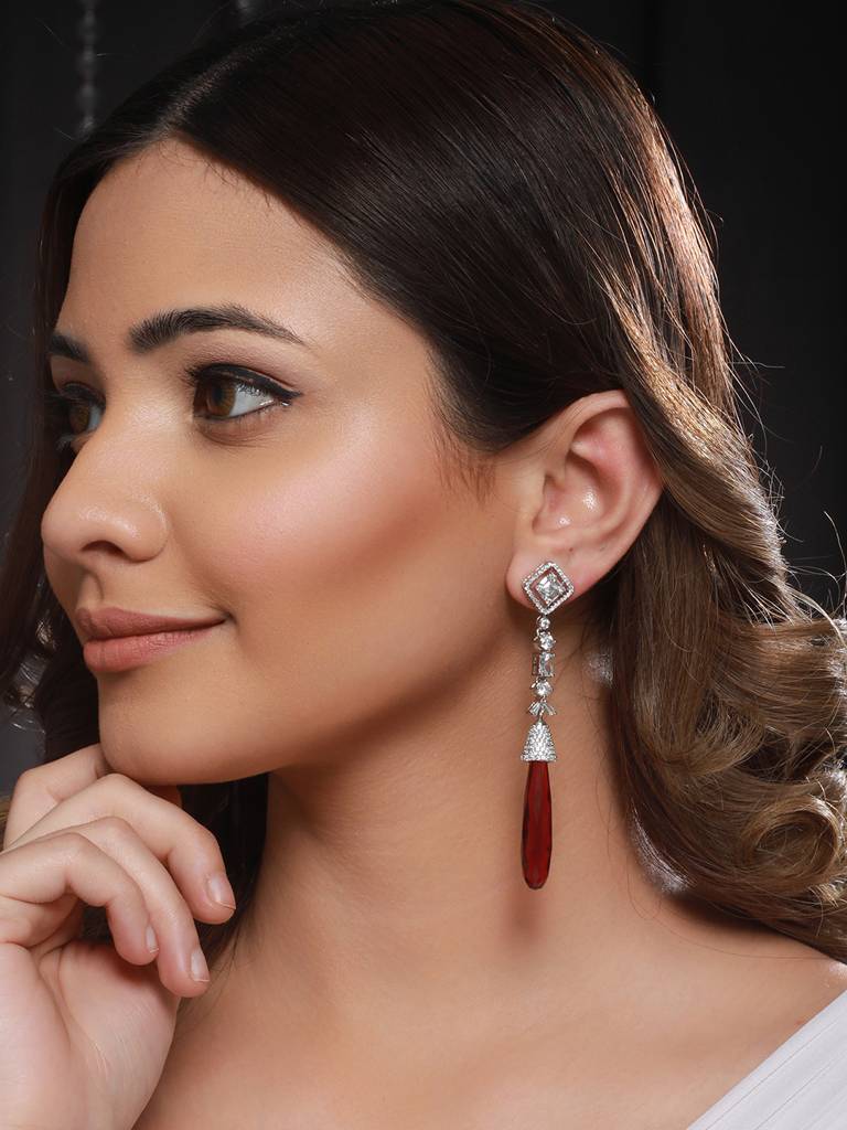 Silver Plated Red Ad Studded Designer Dangler Earrings : SJER2114