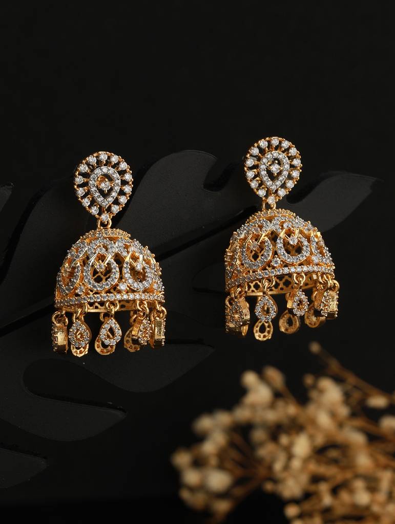 Gold Plated Cz Studded Statement Jhumka Earrings : SJER2116