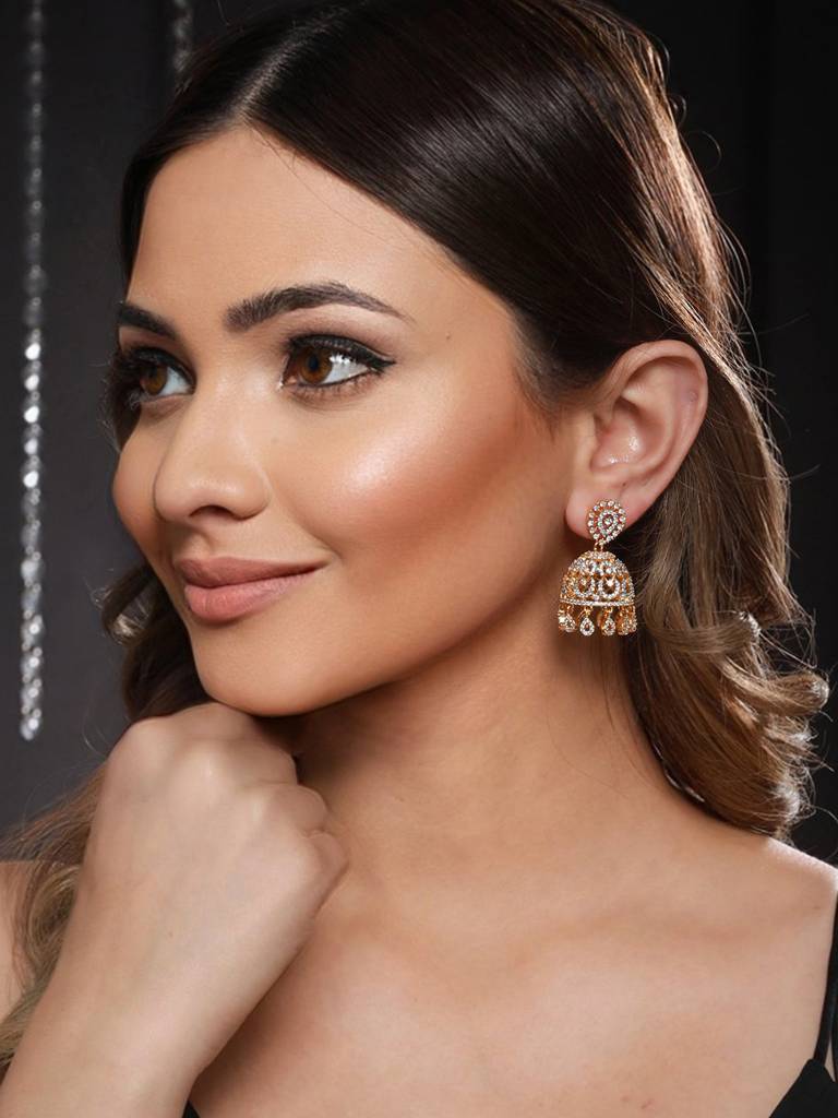 Gold Plated Cz Studded Statement Jhumka Earrings : SJER2116