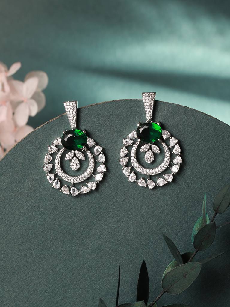 Silver Plated Cz Studded Statement Hoop Earrings : SJER2117