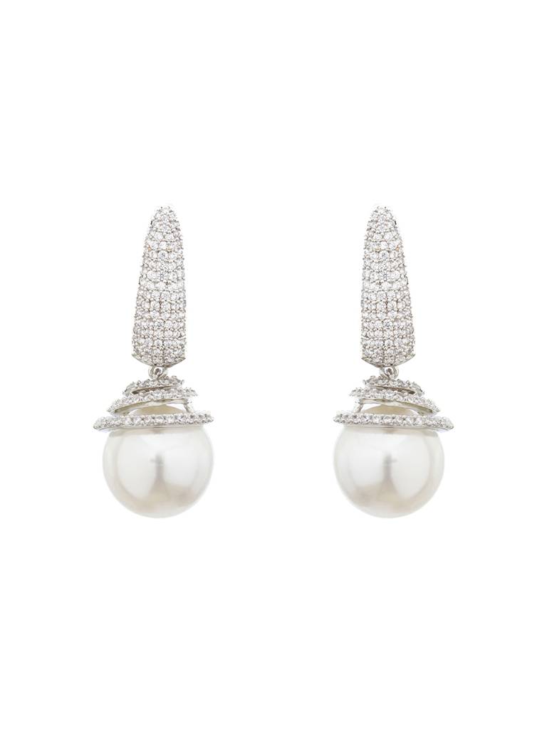 Silver Toned Pearl Statement Drop Minimal Drop Earrings : SJER2118
