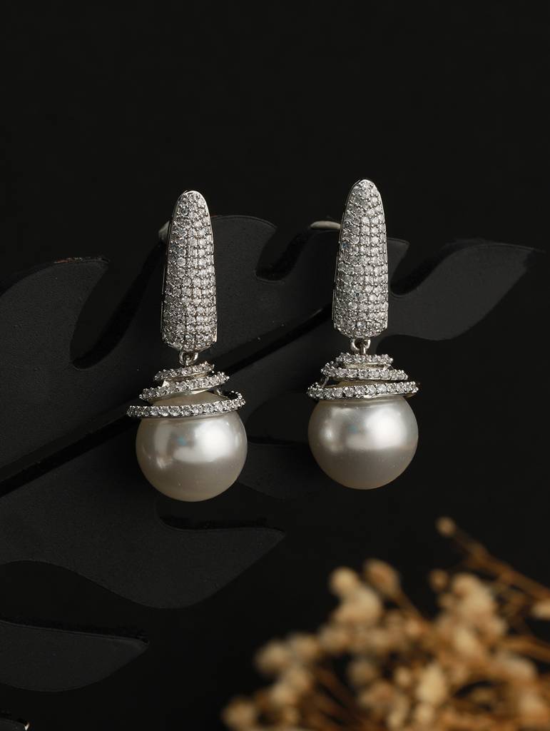Silver Toned Pearl Statement Drop Minimal Drop Earrings : SJER2118