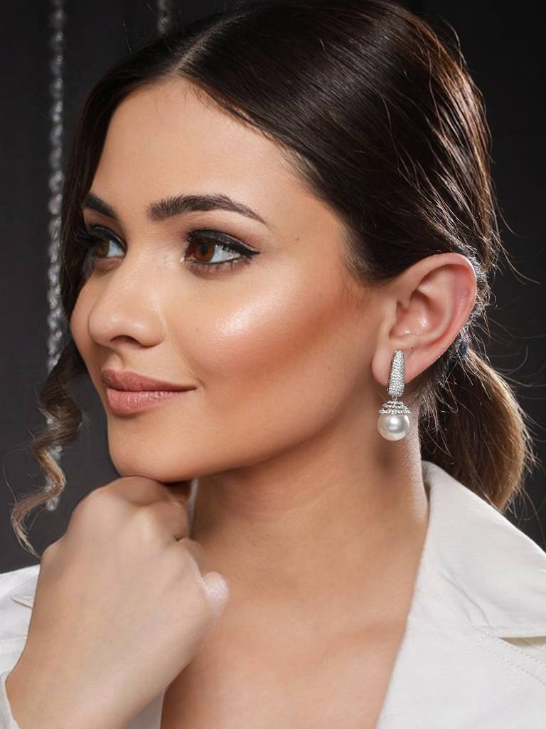 Silver Toned Pearl Statement Drop Minimal Drop Earrings : SJER2118