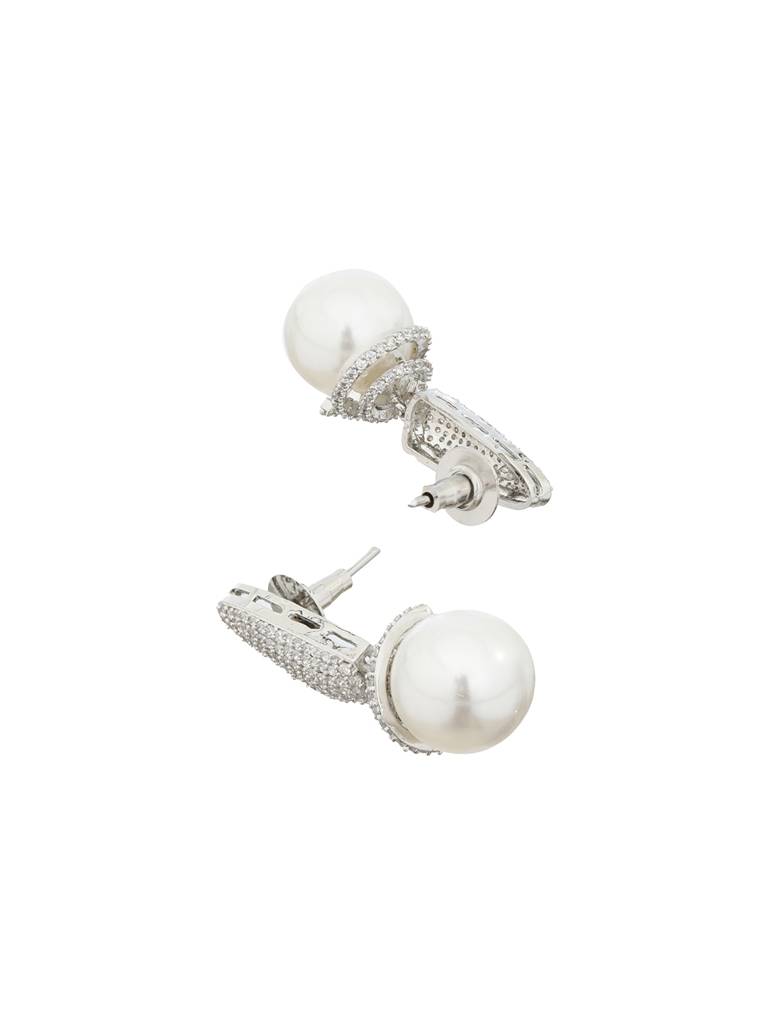 Silver Toned Pearl Statement Drop Minimal Drop Earrings : SJER2118