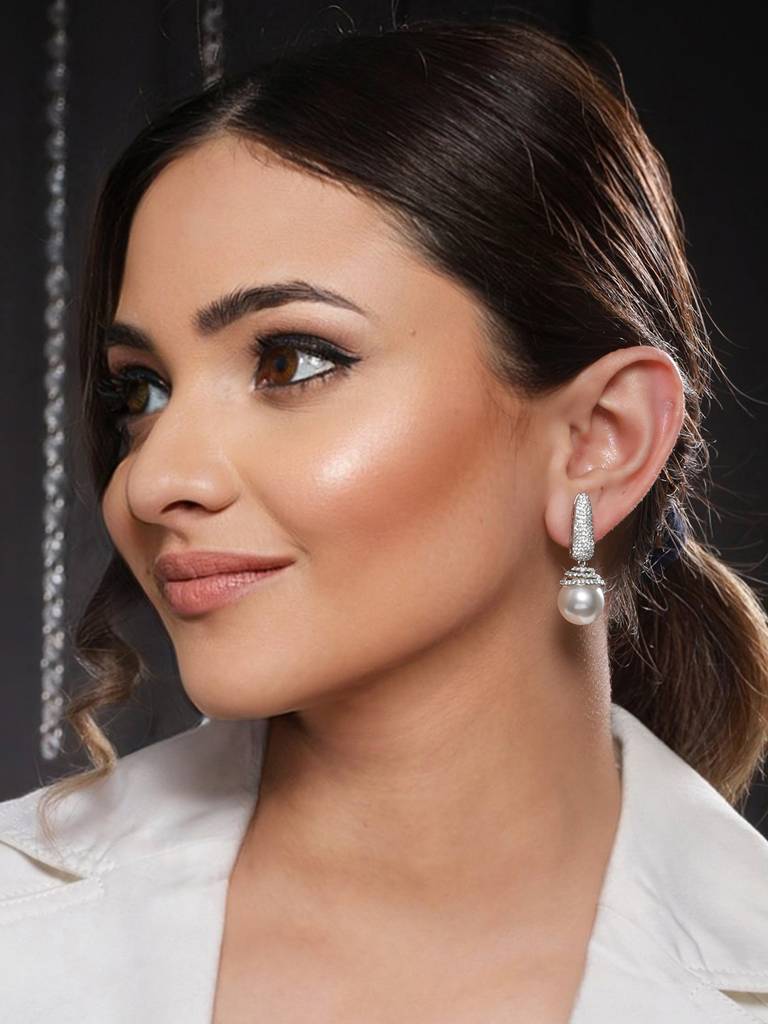 Silver Toned Pearl Statement Drop Minimal Drop Earrings : SJER2118