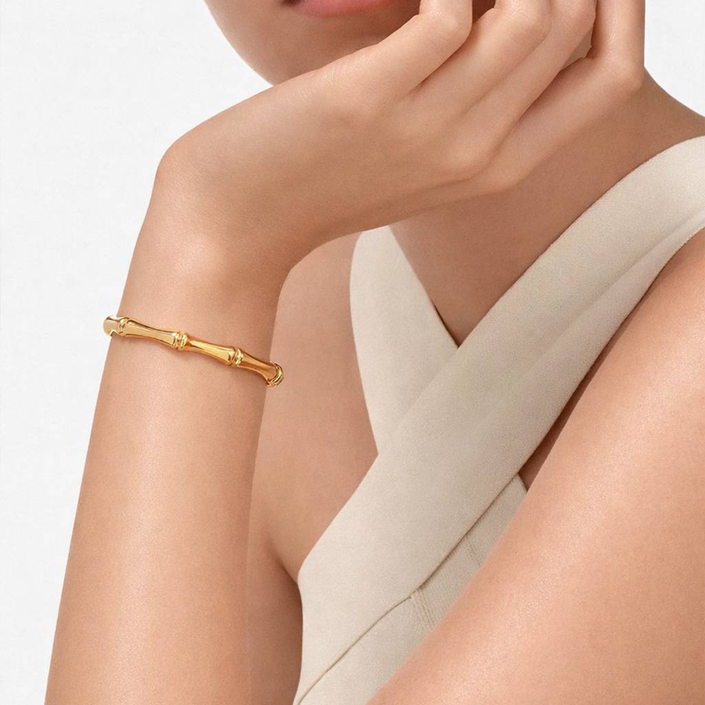 Nature-Inspired Oval Bamboo 18K Gold Plated Cuff Bracelet : 100012