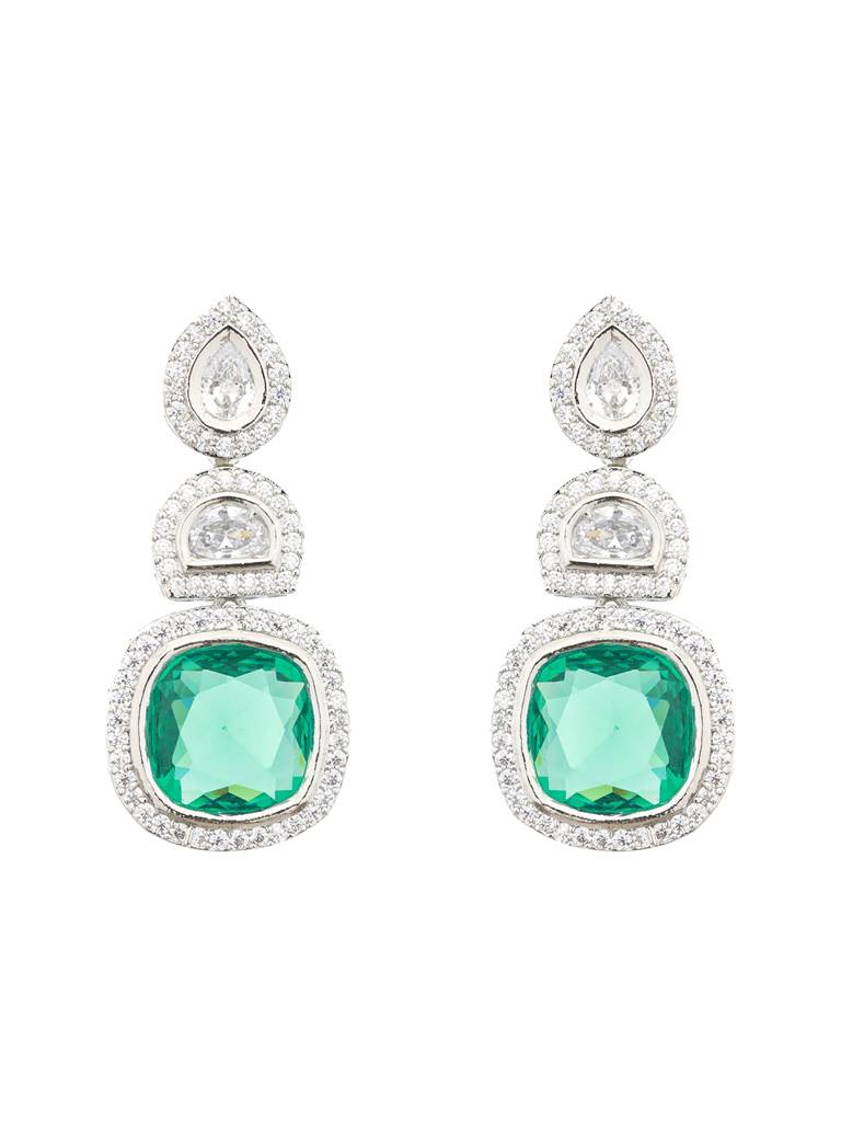 Silver Plated Green Ad Embellished Statement Dangler Earrings : SJER2120