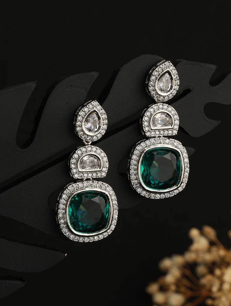 Silver Plated Green Ad Embellished Statement Dangler Earrings : SJER2120