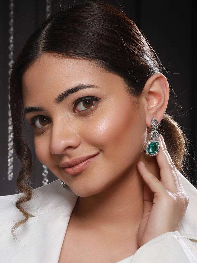 Silver Plated Green Ad Embellished Statement Dangler Earrings : SJER2120