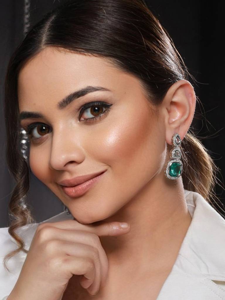 Silver Plated Green Ad Embellished Statement Dangler Earrings : SJER2120