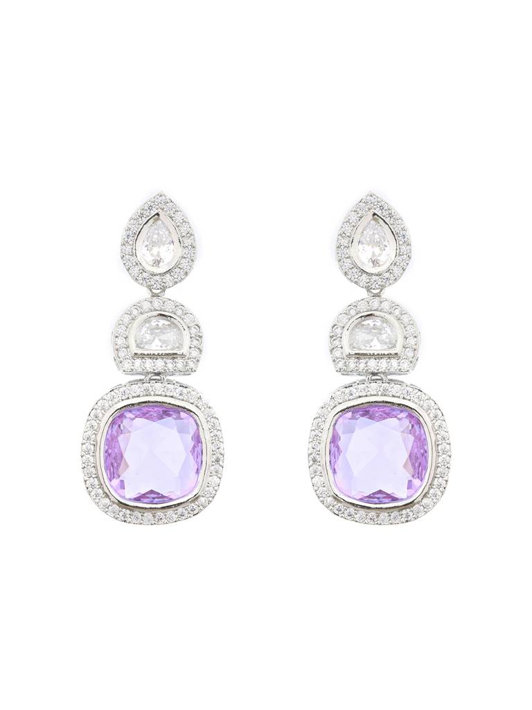 White Rhodium Lavender Cz Studded Statement Drop Earrings : SJER2121