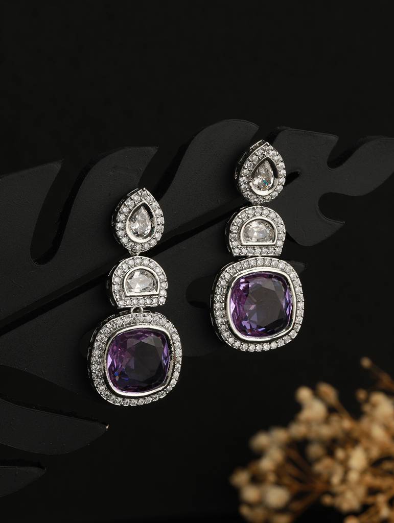 White Rhodium Lavender Cz Studded Statement Drop Earrings : SJER2121