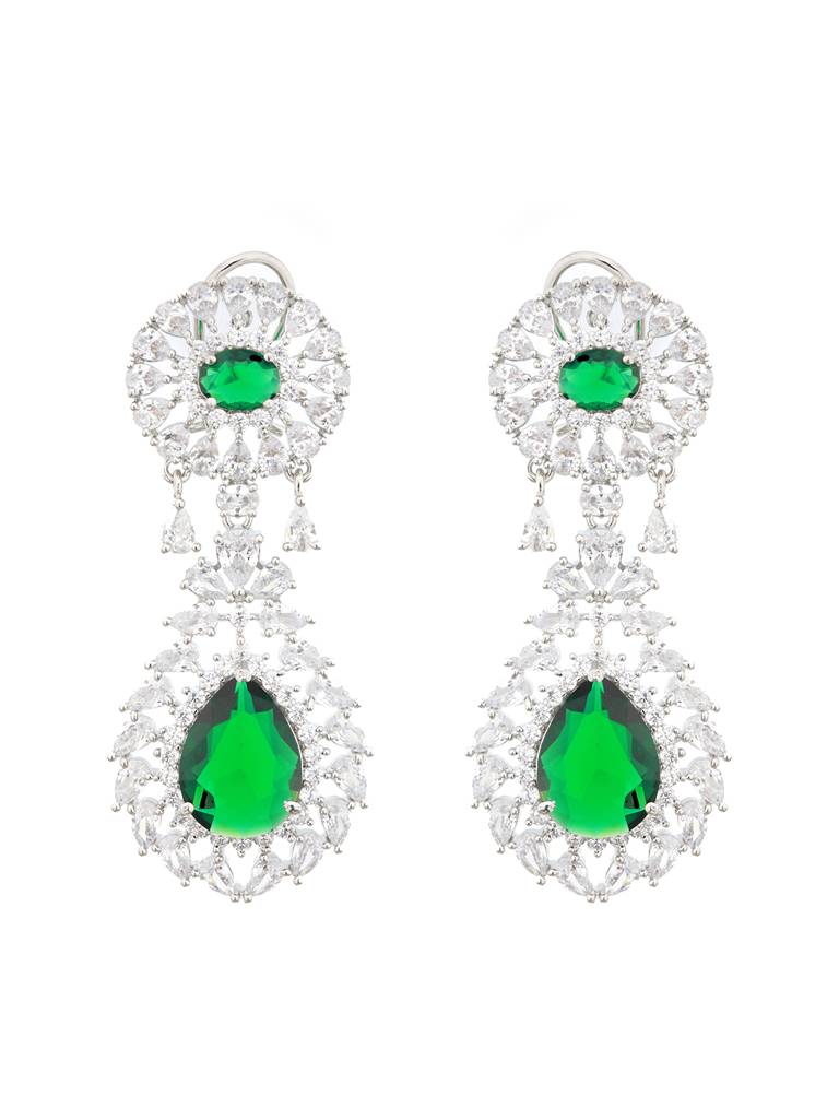 Silver Plated Green Ad Studded Statement Drop Earrings : SJER2123