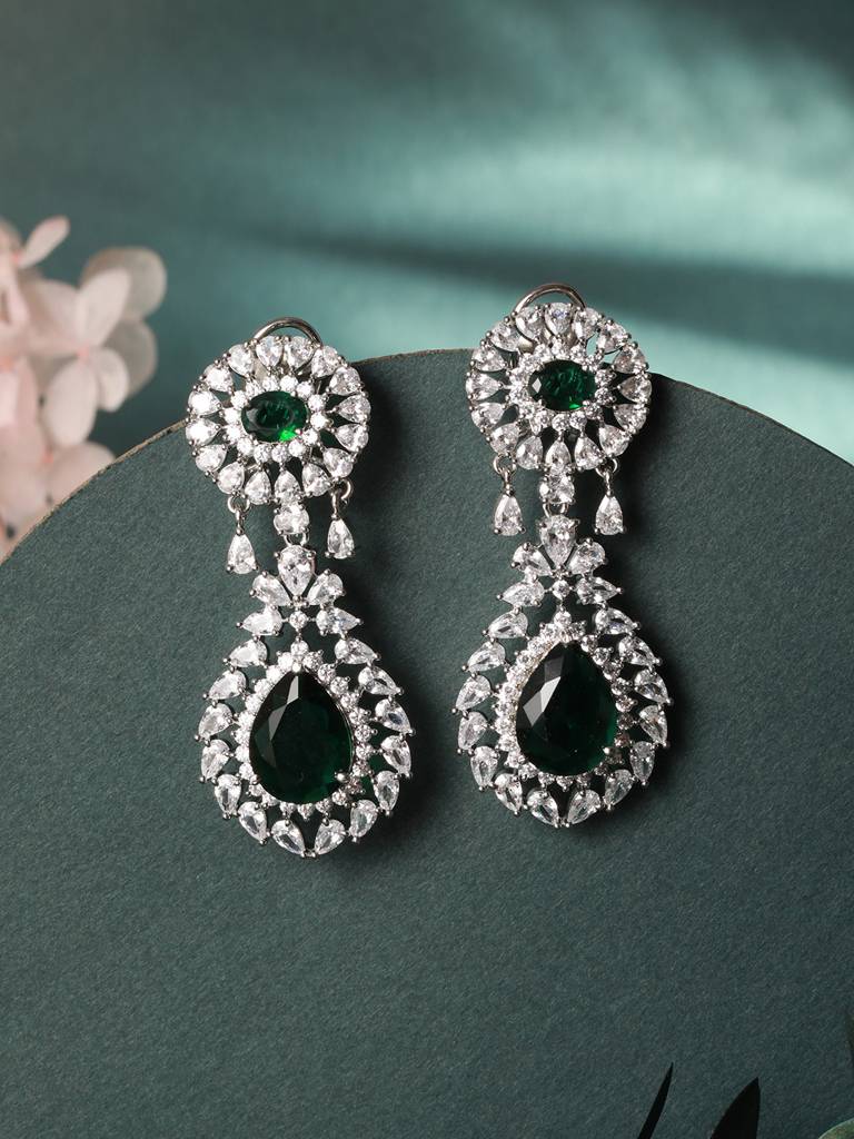 Silver Plated Green Ad Studded Statement Drop Earrings : SJER2123
