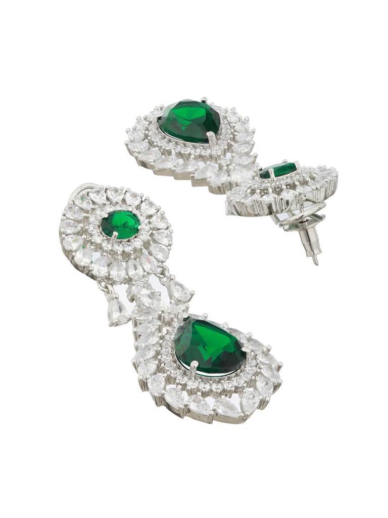 Silver Plated Green Ad Studded Statement Drop Earrings : SJER2123