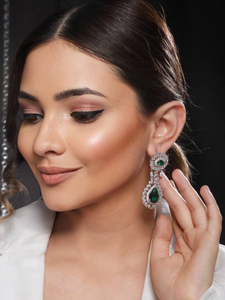 Silver Plated Green Ad Studded Statement Drop Earrings : SJER2123