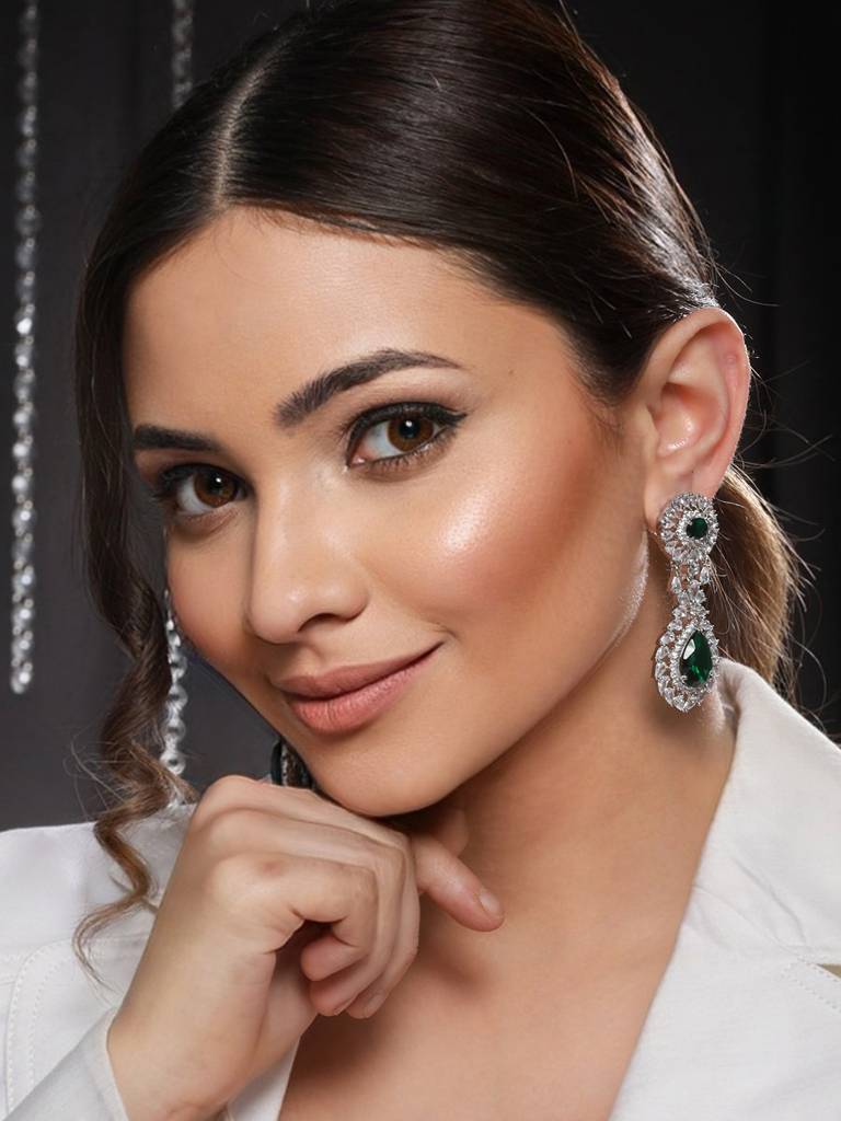 Silver Plated Green Ad Studded Statement Drop Earrings : SJER2123