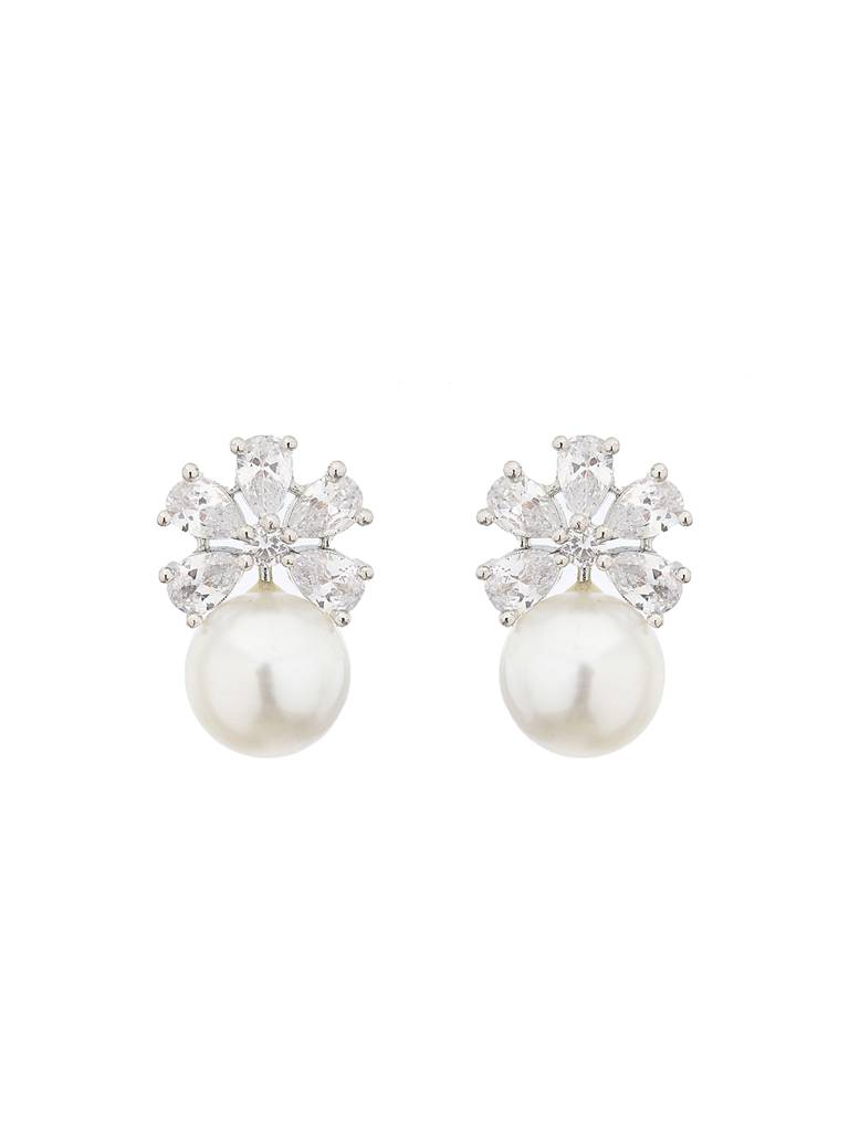 Silver Toned Pearl Beaded Minimal Studs Earrings : SJER2124