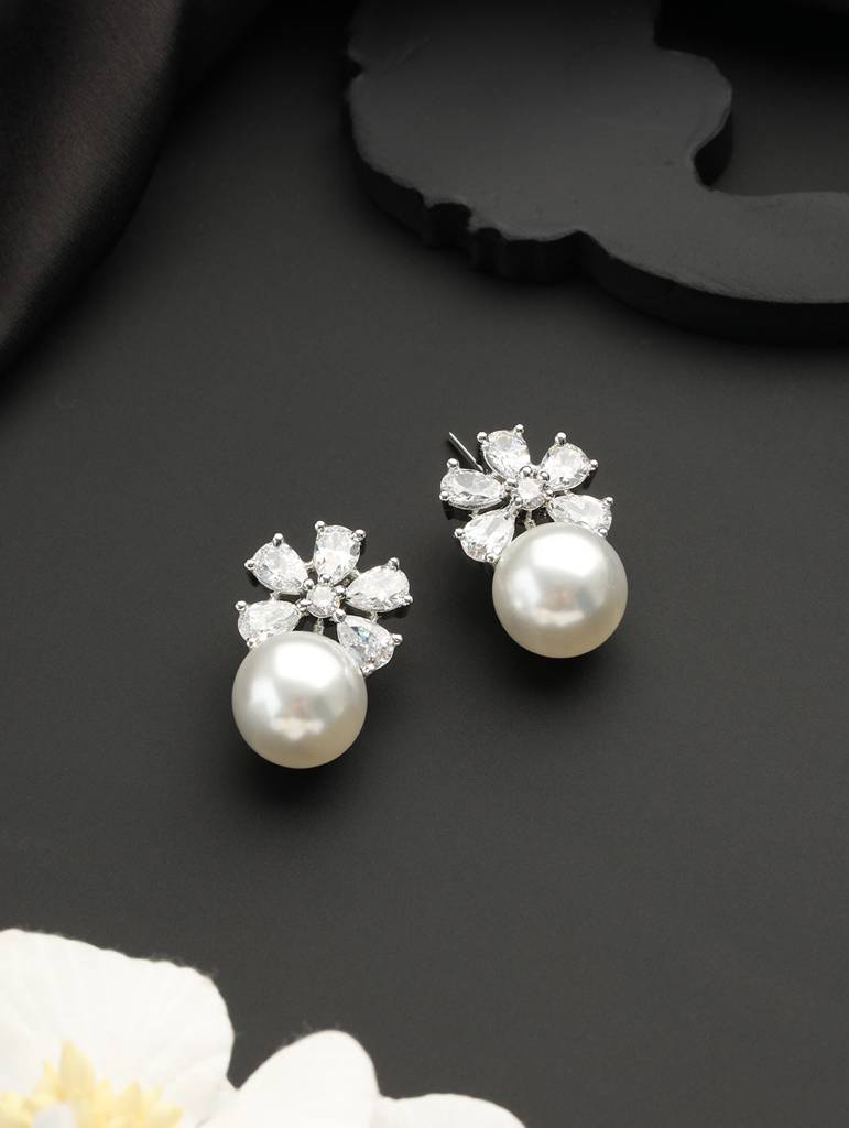 Silver Toned Pearl Beaded Minimal Studs Earrings : SJER2124