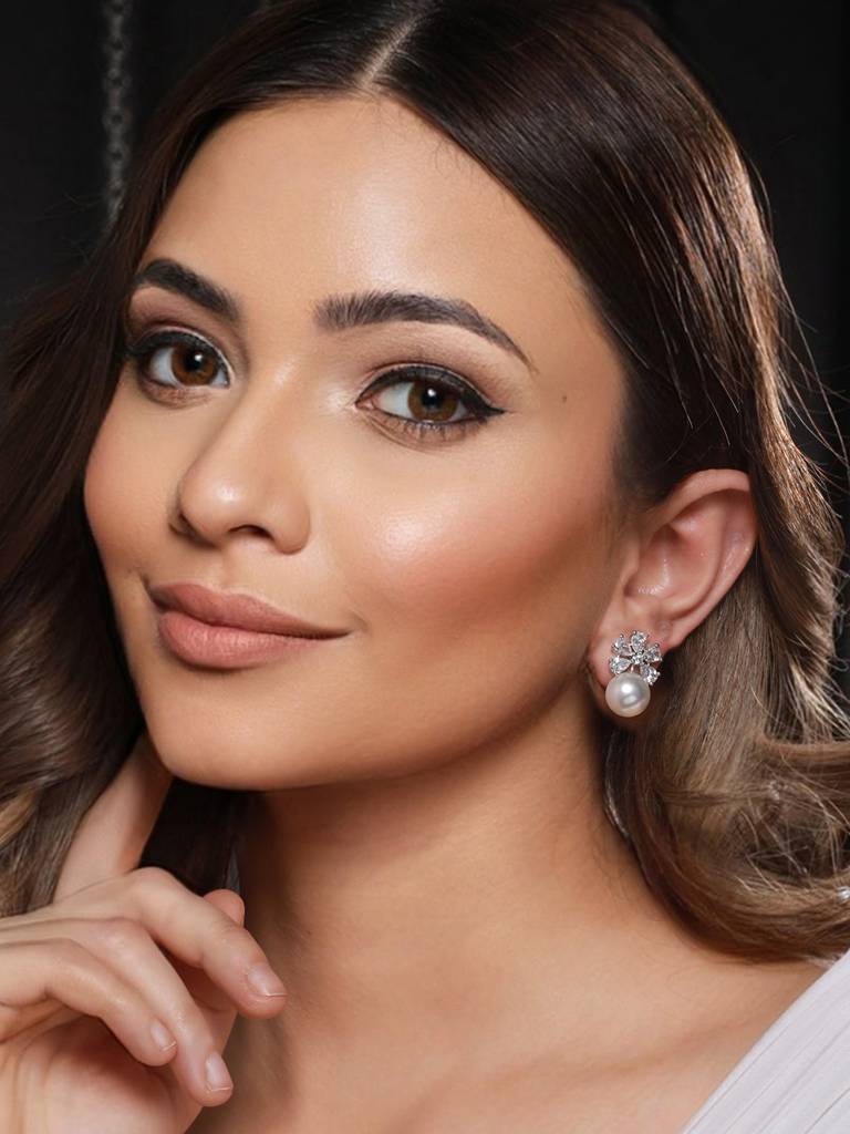 Silver Toned Pearl Beaded Minimal Studs Earrings : SJER2124