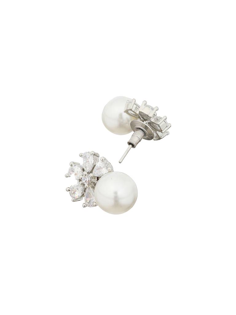 Silver Toned Pearl Beaded Minimal Studs Earrings : SJER2124