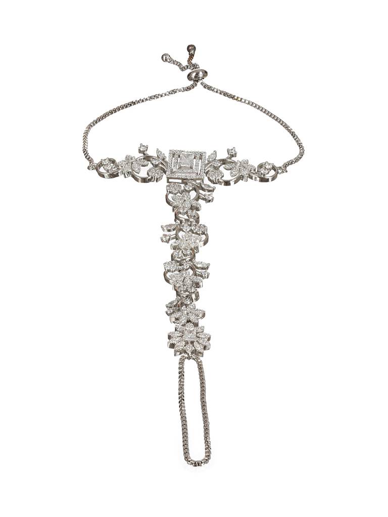 Silver Toned Cz Studded Floral Designer Hathphool Ring Bracelet : SJHP2125