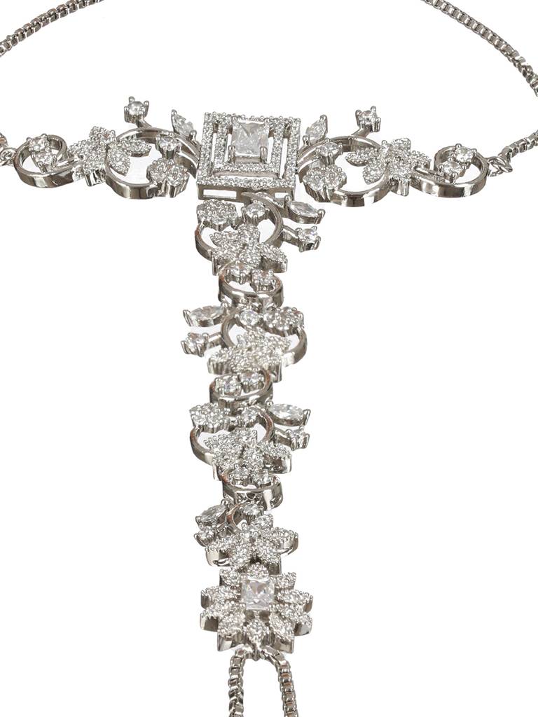 Silver Toned Cz Studded Floral Designer Hathphool Ring Bracelet : SJHP2125