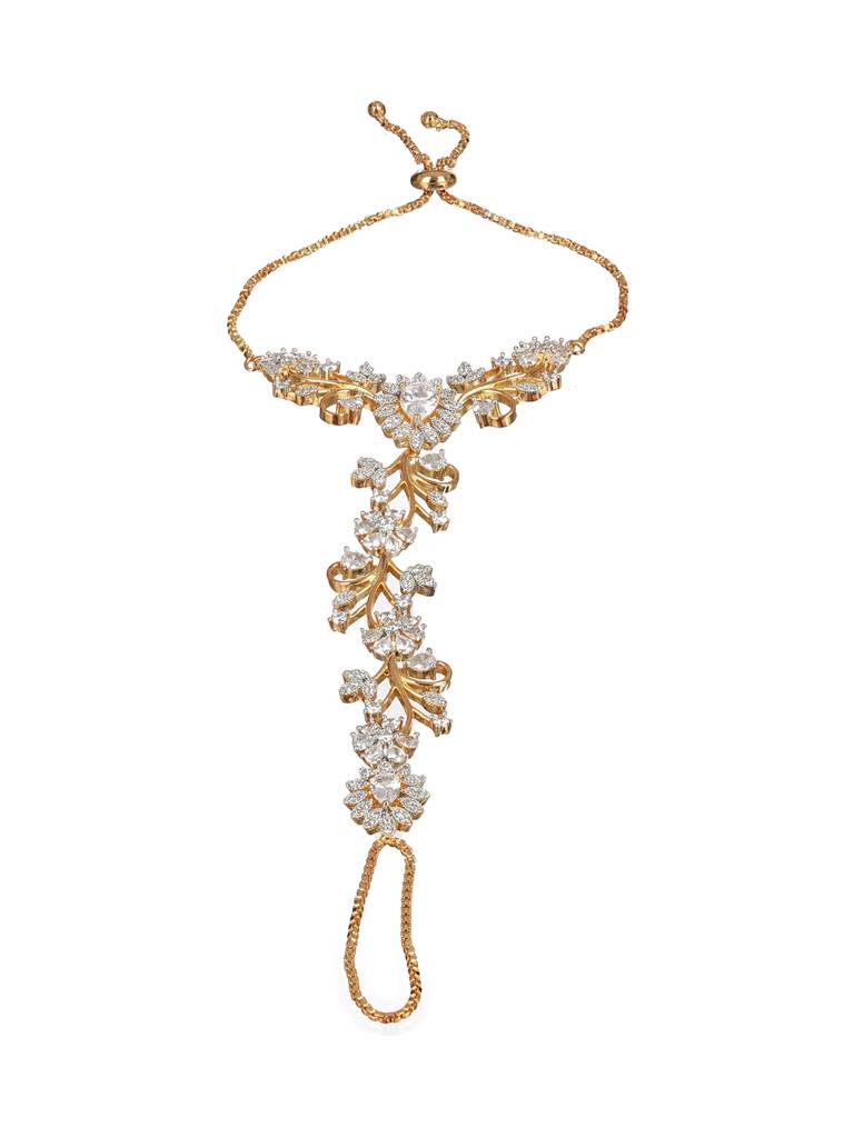 Gold Plated Cz Studded Statement Hathphool Ring Bracelet : SJHP2126