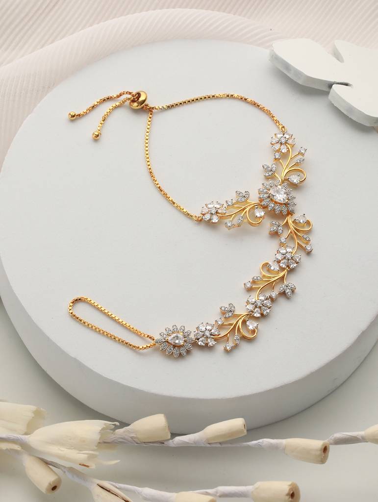 Gold Plated Cz Studded Statement Hathphool Ring Bracelet : SJHP2126