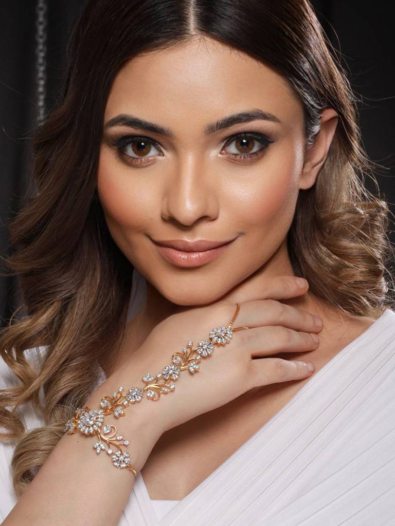 Gold Plated Cz Studded Statement Hathphool Ring Bracelet : SJHP2126