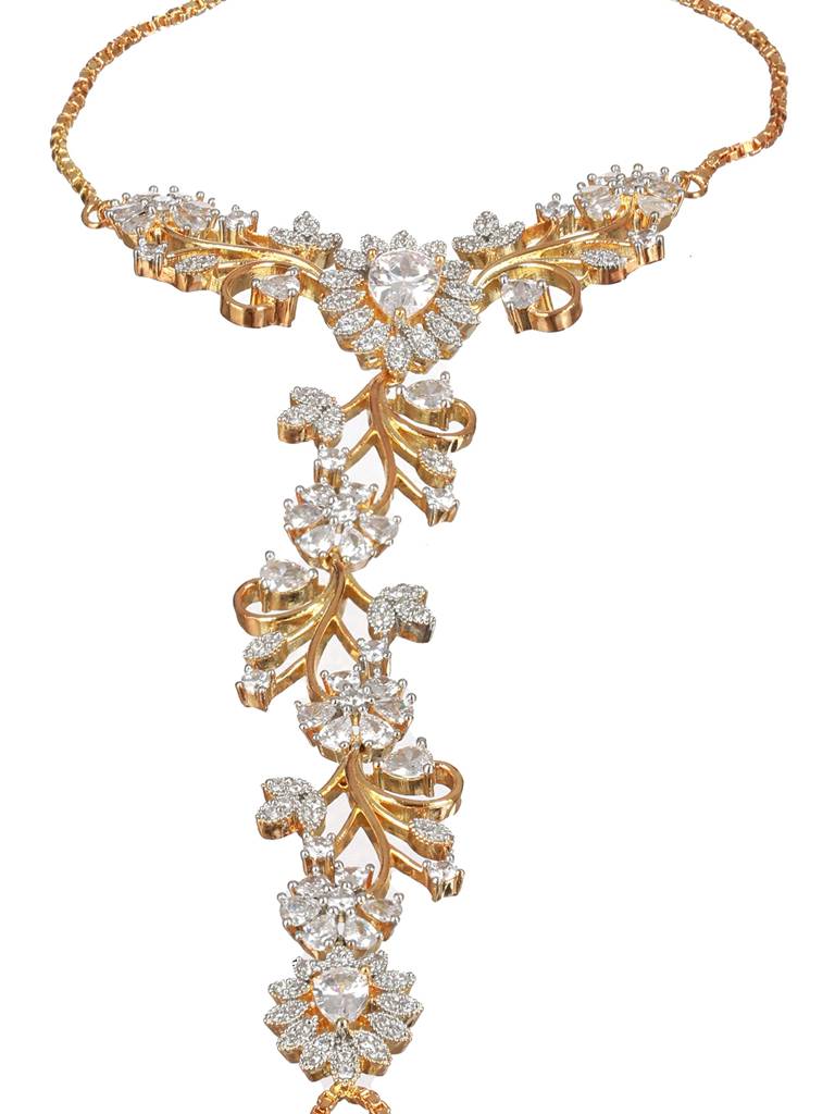 Gold Plated Cz Studded Statement Hathphool Ring Bracelet : SJHP2126