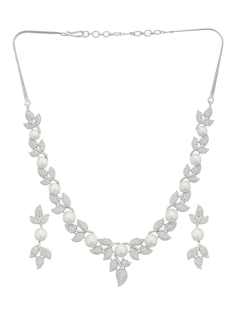 Silver Plated Cz Studded Pearl Floral Statement Jewellery Set : SJNK2127